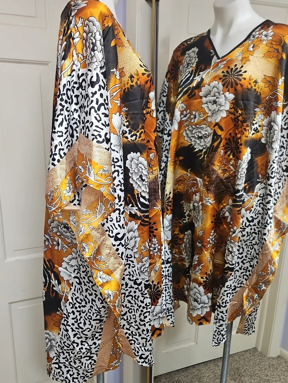 Winlar Satin Brown and Black Animal Print Cover Up Roomy Blouse